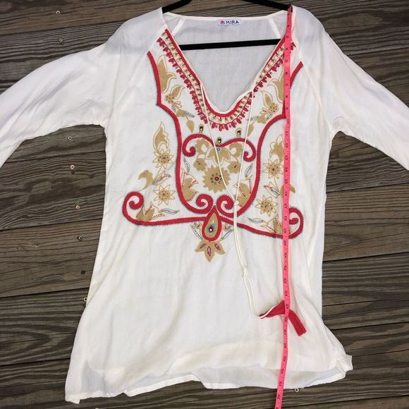Anthropologie Mira Beige Bohemian Red Embroidered Tunic Rayon Blouse, Sz Medium - Picture 7 of 7